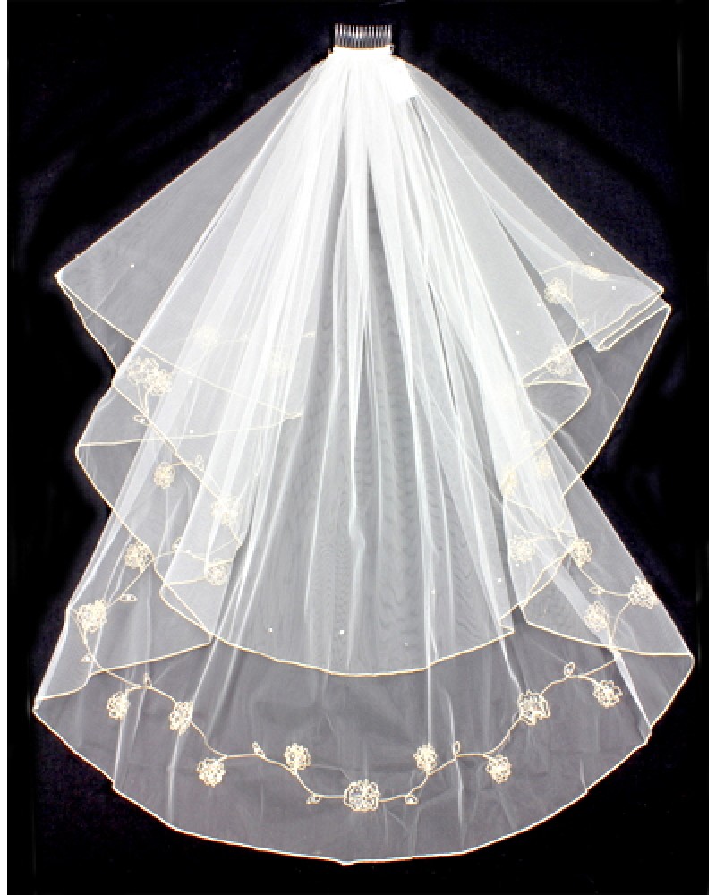 Veil - Rose Gold Embroidery and Finished hem - 40" - VL-V50155-IVGD